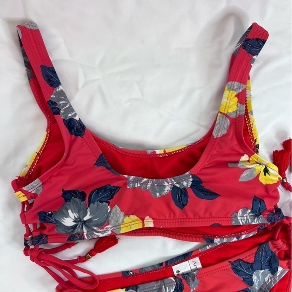 2pc Bikini swim suit, adjustable side ties with tassels red floral print - Picture 2 of 5